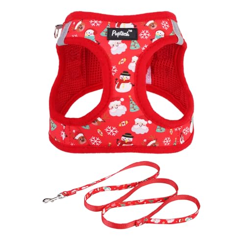 PUPTECK Dog Harness and Leash Set for Small Medium Dogs No Pull Step-in Soft Mesh Puppy Cat Vest Harnesses Reflective at Night, Christmas, S