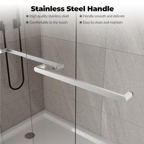 Image of Frameless Sliding Shower Door, Adjustable Width (56-60 inch W) x 72 inch H, Dual 8mm (5 /16 inch) Tempered Glass Panels, Brushed Nickel Stainless Steel Handle & Square Track, Easy-Clean Bypass Design