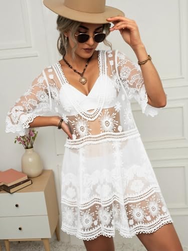 Image of Eomenie Women's Contrast Lace Bathing Suit Cover Up V-Neck Swimsuit Coverups Loose Swimwear Beach Dress Beachwear
