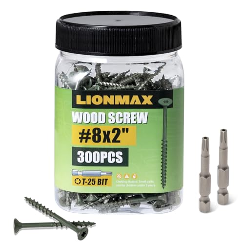 Image of LIONMAX Deck Screws 2 Inch, Wood Screws #8 x 2, 300 PCS, Rust Resistant, Exterior Epoxy Coated, Outdoor Decking Screws, Torx /Star Drive Head Screw, T25 Star Bit Included, Green