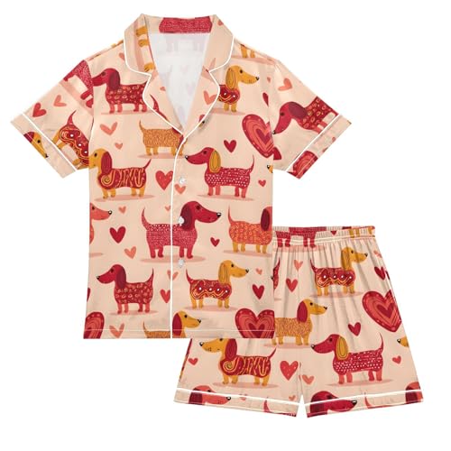 ALAZA Dachshund Love Heart Valentins Satin Pajamas Set Short Sleeve Button Down Sleepwear Summer Pjs 2 Piece