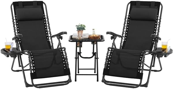Yaheetech Set of 2 Zero Gravity Garden Sun Lounger Chairs and Coffee Table with Cup Holder, Folding Chairs Set with Headrest, Cup Holder, Pedal, Adjustable Backrest, Black (Black) - 1