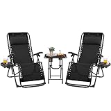 Yaheetech Set di 2 Sedie Sdraio da Giardino Zero Gravity e Tavolino con Portabicchieri, Set Sedie Pieghevoli con Poggiatesta, Portabicchieri, Pedale, Schienale Regolabile, Nero (Nero)