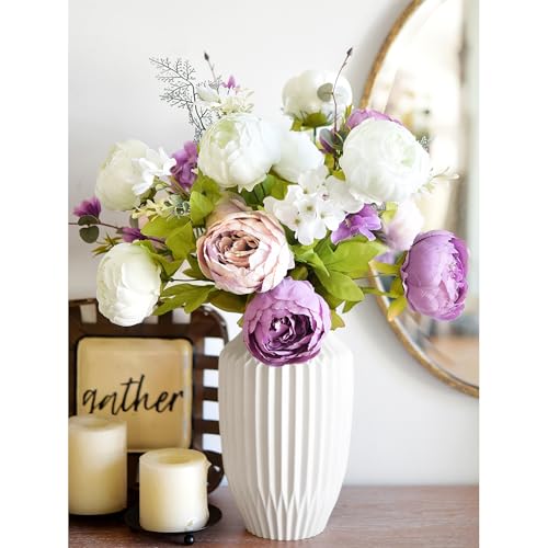 Image of FiveSeasonStuff Artificial Peonies Bouquet - Set of 2 Whimsical Lavender Bliss Silk Flowers, Purple and White Blooms, Multiple Stems per Main Stem, for Weddings, Home Decor, DIY Floral Arrangements