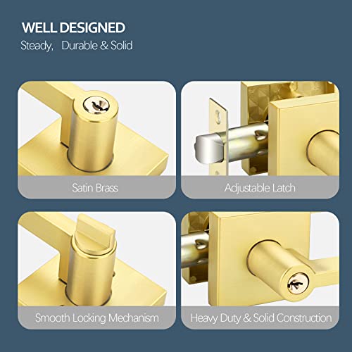Ehomeware 2 Sets Entry Door Handle And Single Cylinder Deadbolt Lock And Key Combo Pack - Heavy Duty Square Locking Lever Set - Interior/Exterior Door Levers In Satin Brass Finish #TOP5
