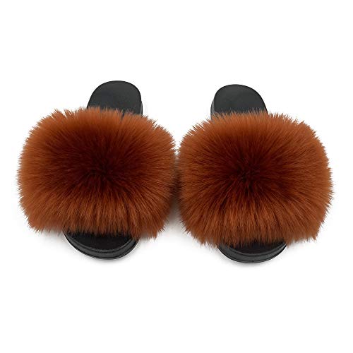 Image of Women's Faux Fur Slides Slippers Fluffy Fuzzy Sandals Open Toe Furry Slide Flip Flop Indoor Outdoor