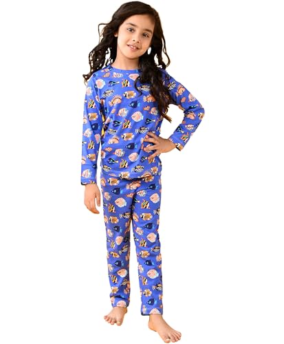 Image of ANTHRILO Summer Pyjama Set for Girls | 100% Cotton, Skin Friendly Fabric | Pyjama Set for Girls | Casual Wear | Fish Blue Girls Long Sleeve Pyjama Set - Blue 0-6 Months