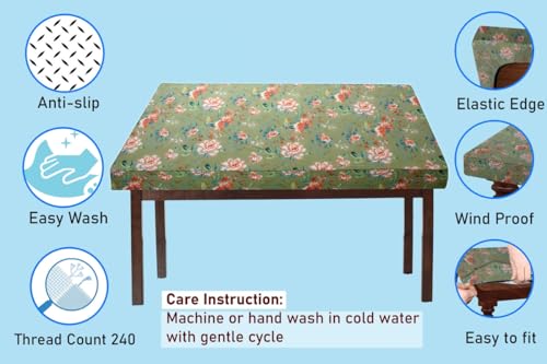Image of The Furnishing Tree Elastic Cotton Square Dining Table Cover 42x42 in Inches Floral Multicolor on Greenish Base