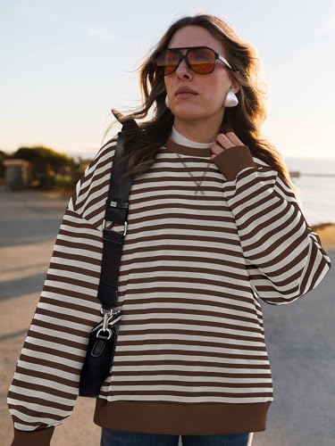 Image of PRETTYGARDEN Womens Striped Oversized Sweatshirt Color Block Crew Neck Long Sleeve Casual Loose Pullover Top Y2K Clothes