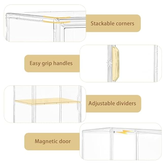 Acrylic Display Case for Collectibles, Clear Storage Bin with 3 Adjustable Layers and 1 Removable Divider, Stackable Clear Storage Box with Magnetic Door for Figures, Home or Office,Large