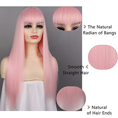 G&T Wig Long Pink Wig With Bangs, Middle Part Heat Resistant Straight Synthetic Colorful Cosplay Party Wigs For Women Girls（26 Inch, Pink #TOP2