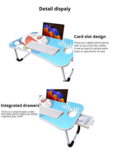 Image of Utilite? Smart Home Multi-Purpose Foldable Laptop Bed Table Lap Desk Stand Storage Drawer Cup Holder Slot, Notebook Holder, Bed Tray Laptop Desk Size: 60 X 40 X 27 cm (Molded Cartoon Blue)