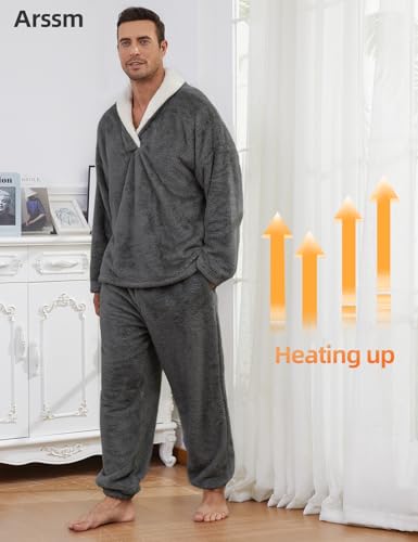 Arssm Mens Fluffy Pajamas Set 2 Piece Fleece Pjs Loose Plush Winter Warm Cozy Loungewear Sleepwear4