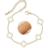 Gold Plated Clover Bracelet, Cubic Zirconia Four Leaf Clover Charm Bracelet Adjustable Chain, Simple Classic Fashionable Elegant Gold Lucky Leaf Bracelet Light Adjustable Comfortable Jewellery