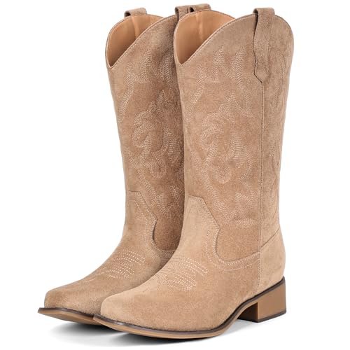 Image of IUV Cowboy Boots For Women Square Toe Wide Mid Calf Western Pull On Suede Fashion Black Brown Cowgirl Boots