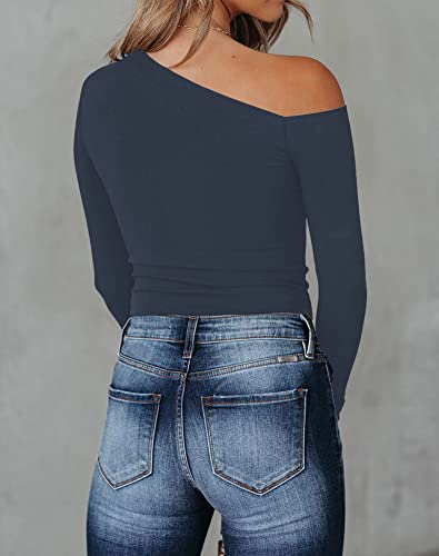 BONITEE Women's Sexy One Off The Shoulder Tops Asymmetrical Neck Clothes Long Sleeve Shirt Slim Going Out Top4