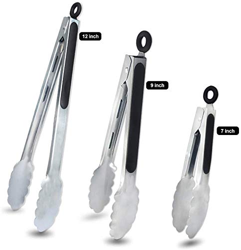 Walfos Food Grade Stainless Steel Kitchen Tongs for Cookig,BBQ - Set of 3, 7 ，9 and 12 Inch Heavy Duty Locking Metal Food Tongs Non-Slip Grip