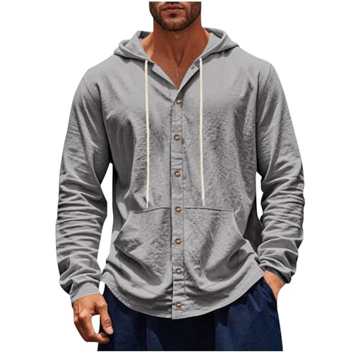 Cotton Linen Hoodie Men Long Sleeve Drawstring Button Down Shirts with Hood and Pockets Lightweight Casual Beach Tops