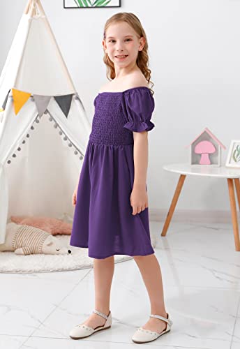 GORLYA Girls Puff Sleeve Square Neck Boho Frilly Smocked Shirred Flared Midi Dress 4-14T4