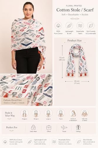 Image of floral printed cotton stoles /scarf /scarves for women, pure soft cotton for summer (Size-28inch x 72inch)