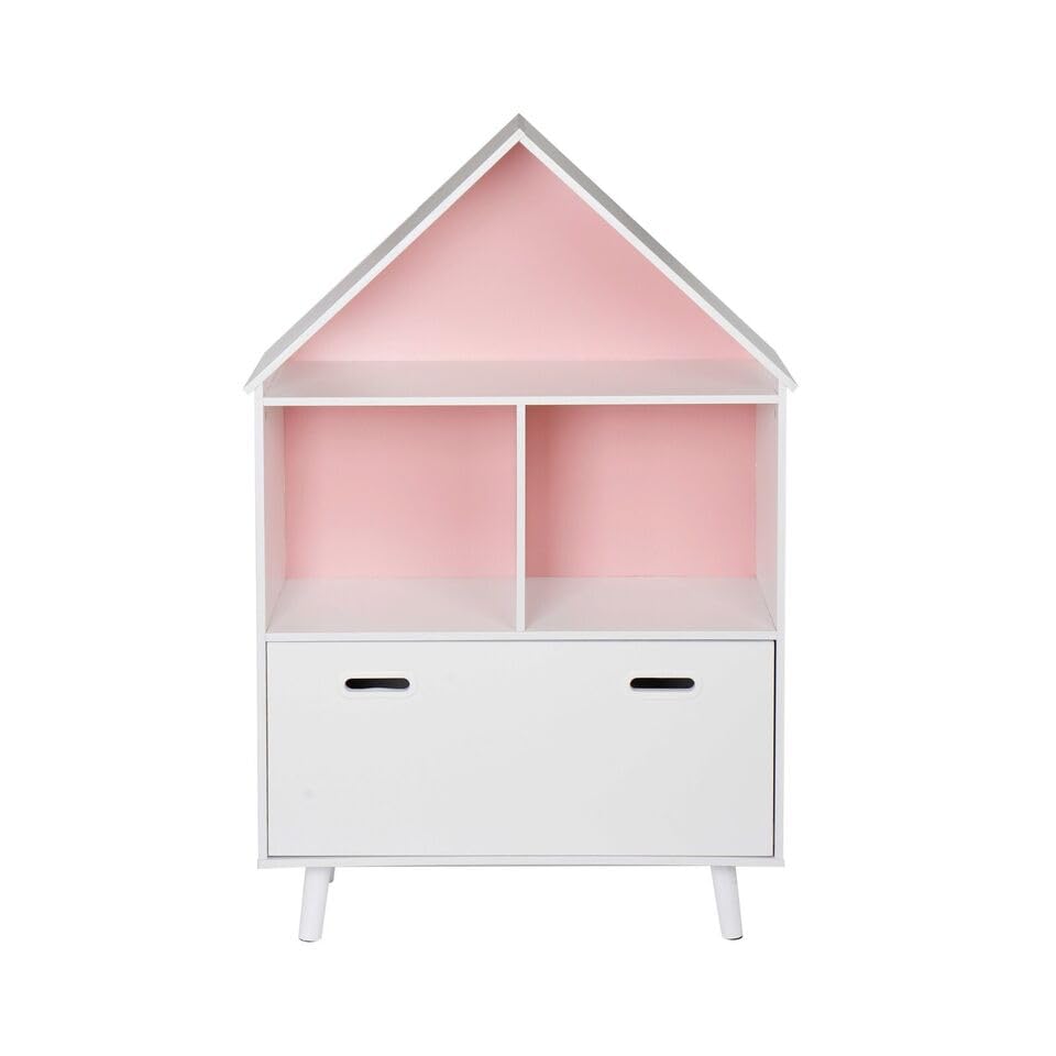 URBNLIVING Kids House Shaped Bookshelf Storage Cabinet Toy Dollhouse Organiser with Drawer and Reversible Pink Blue Backboard
