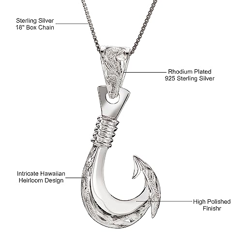 Aloha Jewelry Company 925 Sterling Silver Rhodium Plated Hawaiian Fishhook Angle Necklace Pendant, Nickel Free Hypoallergenic for Sensitive Skin, Heirloom Scroll, with 18” Box Chain and Gift Box4
