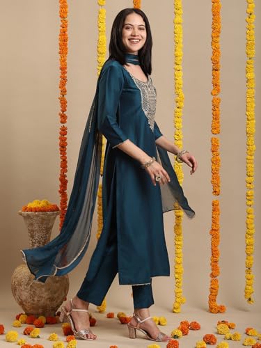 Image of GoSriKi Women's Rayon Viscose Embroidered Straight Kurta with Pant & Dupatta