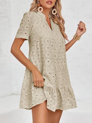 Image of Imily Bela Womens Summer Lace Dresses Eyelet Casual Flowy Babydoll Swing Short Sleeve V Neck Tunic Dress