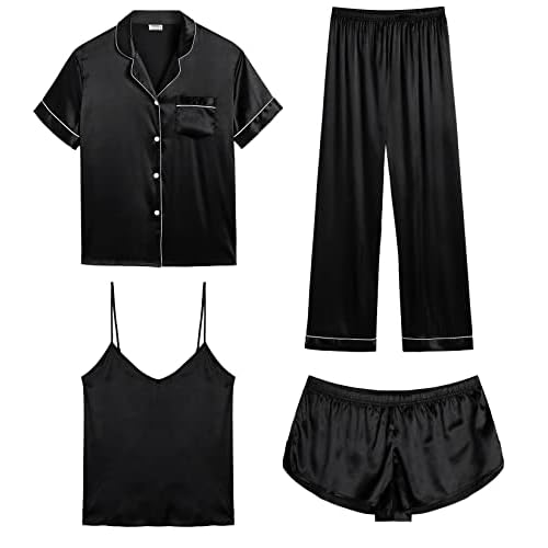 SWOMOG 4PC Pyjama Set for Women Silk Satin Pyjamas Sleepwear Set Soft Loungewear Pjs Bridesmaid Pj Set