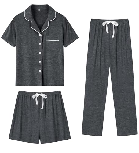 Image of SWOMOG Womens 3pcs Button Down Pajamas Set Short Sleeve Sleepwear Bride Pj Lounge Set with Long Pants