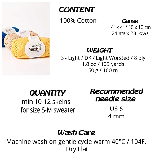 100% Cotton Yarn For Knitting And Crocheting, 3 Or Light, Dk, Worsted Weight, Drops Muskat, 1.8 Oz 109 Yards Per Ball (60 Ice Blue) #TOP2