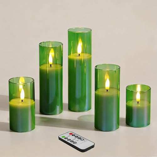 Eywamage Slim Grün Glass LED Kerzen mit Fernbedienung 5er Set Φ 2' H 3' 4' 5' 6' 7'