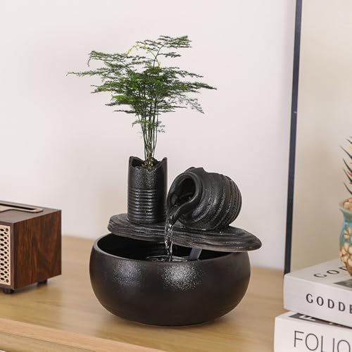 Ceramic Tabletop Fountain Water Feature Fall Indoor and Outdoor Decoration (Black Pot A150)