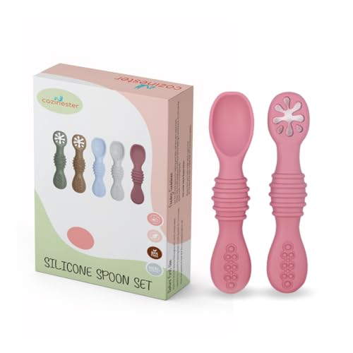 Cozinester Silicone Baby Spoon & Pre-Spoon - Baby Spoons Self Feeding 6 Months, Bendable Toddler Utensils, Baby Led Weaning Supplies | BPA Free & Boil-proof (Set of 2) (Dark Pink)
