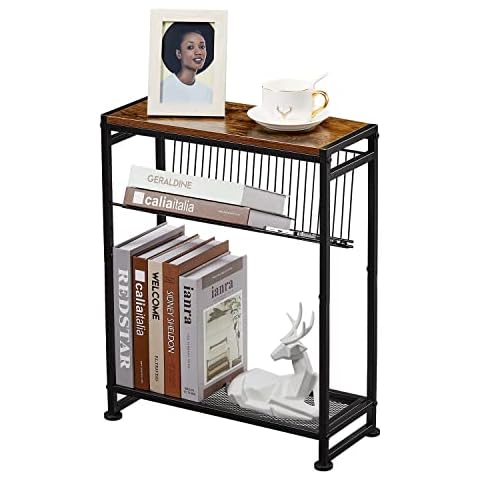 Small Side Table for Small Spaces - Slim End Table with Magazine Holder - 2 in 1 Design Narrow End Table Living Room - Skinny Bedside Table Nightstand Bedroom Thin Side Table (Rustic Brown) Cover