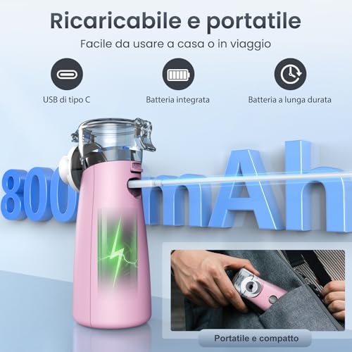 Bntath Aerosol Silenzioso,Ricaricabile USB-C Macchina Aerosol Per Adulti E Bambini,Con Display Digitale,Aerosol Ultrasuoni Con 2 Maschere E Un Boccaglio-Rosa - 5