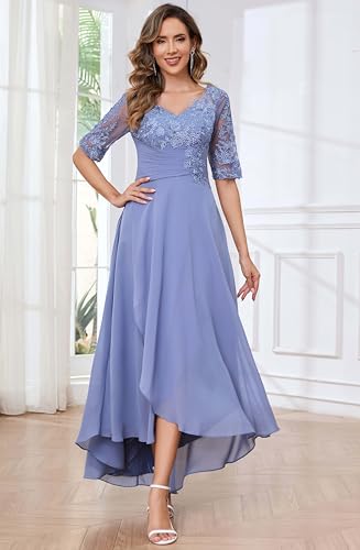 Women's Tea Length Mother of Bride Dresses for Wedding with Sleeves Lace Appliques Pleated Formal Evening Gowns4