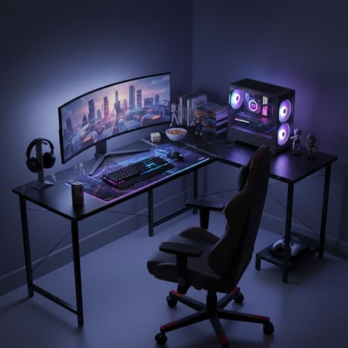 Image of RIZIK Store L-Shaped Computer Desk | 50-Inch Corner Gaming & Study Table with Engineered Wood Top, Metal Frame & CPU Shelf | Writing Workstation for Bedroom, Office & Small Rooms (Black)