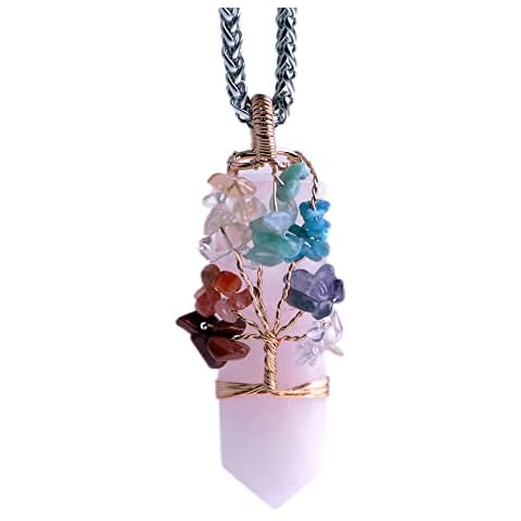 LANGHONG Tree Of Life Necklace For Women Nature Healing Crystal Necklace Teardrop Chakra Necklace Talisman Jewelry, 19X68, Brass, rose quartz Cover