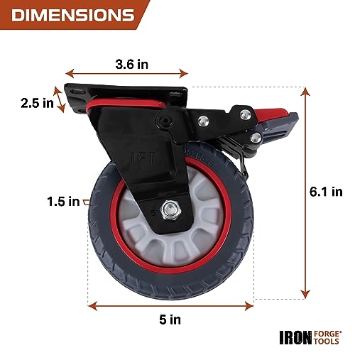 Image of Iron Forge Tools Heavy Duty Swivel Knobby Casters Set of 4, 6 inch Height, 5 inch Diameter, Solid PU Knobby Tread Heavy Duty Wheels, Swiveling Bases, Two Casters with Brakes, Two Without, Black & Red