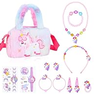 Package Includes: You will receive 1pcs plush unicorn handbag, 1 pcs unicorn beaded necklace, 1 pcs unicorn bracelet, 1pcs rings , 2 pcs earring, 1pcs unicorn headbands for girls, 2pcs hairpin , 2 pcs hair rope and 2 pcs stickers all featuring colorf...