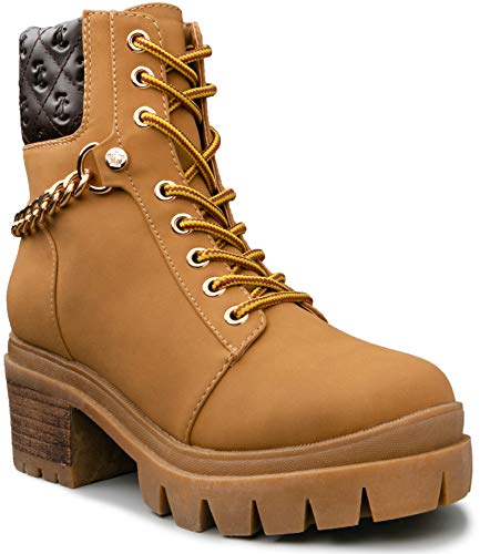 Juicy Couture Women's Question Lace Up Hiker Boot With Heel And Juicy Chain & Crown Stud, Lug Bottom Wheat/Brown 8 #TOP5
