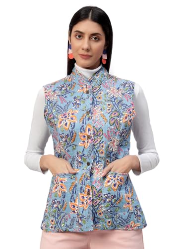 Image of Ravaiyaa - Attitude is everything Women's Floral Printed Reversible Quilted Jacket Coat Blazer Jacket Sleeve Less Waistcoat