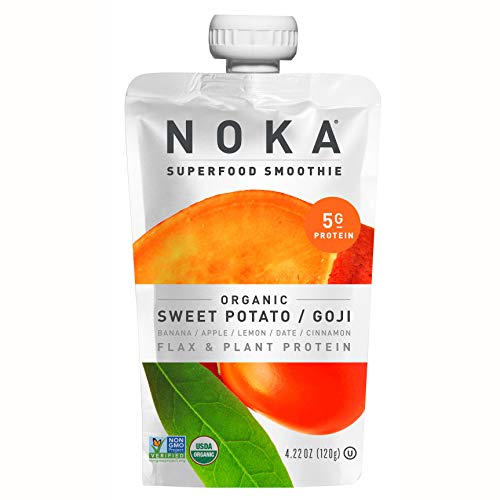 NOKA Superfood Smoothie Pouches (Sweet Potato Goji) 12 Pack | 100% Organic Healthy Fruit And Veggie Squeeze Snack Packs | Meal Replacement | Non GMO, Gluten Free, Vegan, 5g Plant Protein | 4.2oz Each