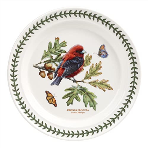 Portmeirion Botanic Garden Birds 85 Dinner Plate Scarlet Tanager Fine Earthenware Dinnerware All Purpose Tableware Set Dishwasher Microwave Safe Made in England