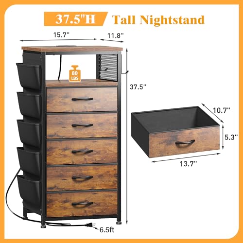 Image of EnHomee Nightstands Set of 2 with 5 Drawers, Dresser with Charging Station and LED Light, Tall Nightstand with Extra Side Bag & Hooks, Bedroom, Closet, Hallway, Entryway, Rustic Brown