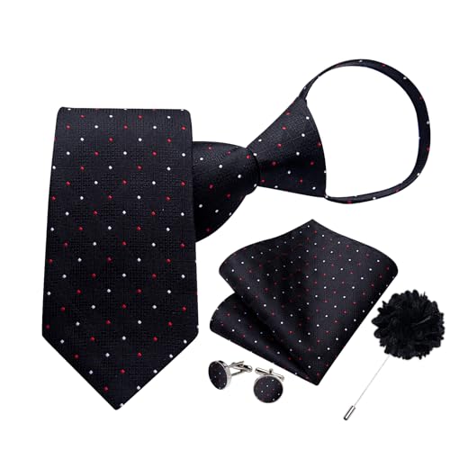 Image of DiBanGu Mens Zipper Tie Silk Pre-Tied Necktie with Gift Box | Jacquard Woven,Paisley Solid Plaid Pattern,6PCS with Pocket Square,Cufflinks and Lapel Pin,for Wedding Party Formal Business