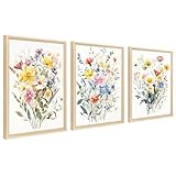 3Pcs Marco de Madera Cuadro Moderno Flores Amarillas Blancas Margaritas Cuadro Decoracion Acuarela Colorido Ramo Flores Pintura Cuadros Decorativos Salon Dormitorio 30cmx40cmx3 (Sin Plexiglás)
