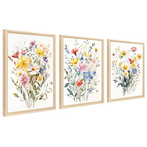 3 Pcs Framed Canvas Wall Art Watercolour Colourful Bouquet Flowers Canvas Prints Painting Yellow White Wildflowers Daisies Pictures for Living Room Bedroom Wall Decor 30x40cm x3pcs (No Plexiglass)