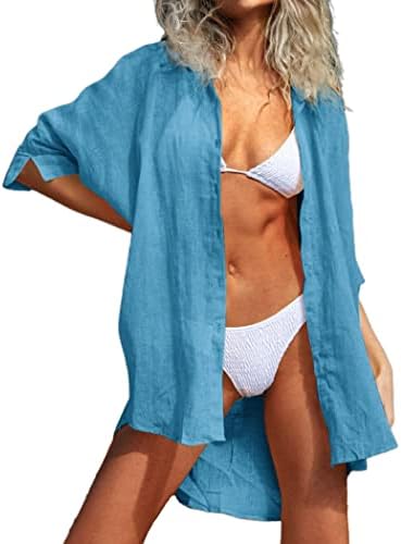 UNibelle Women's Cotton Linen Shirts Sexy Swimwear Bikini Cover Ups Shirt Dress Blue